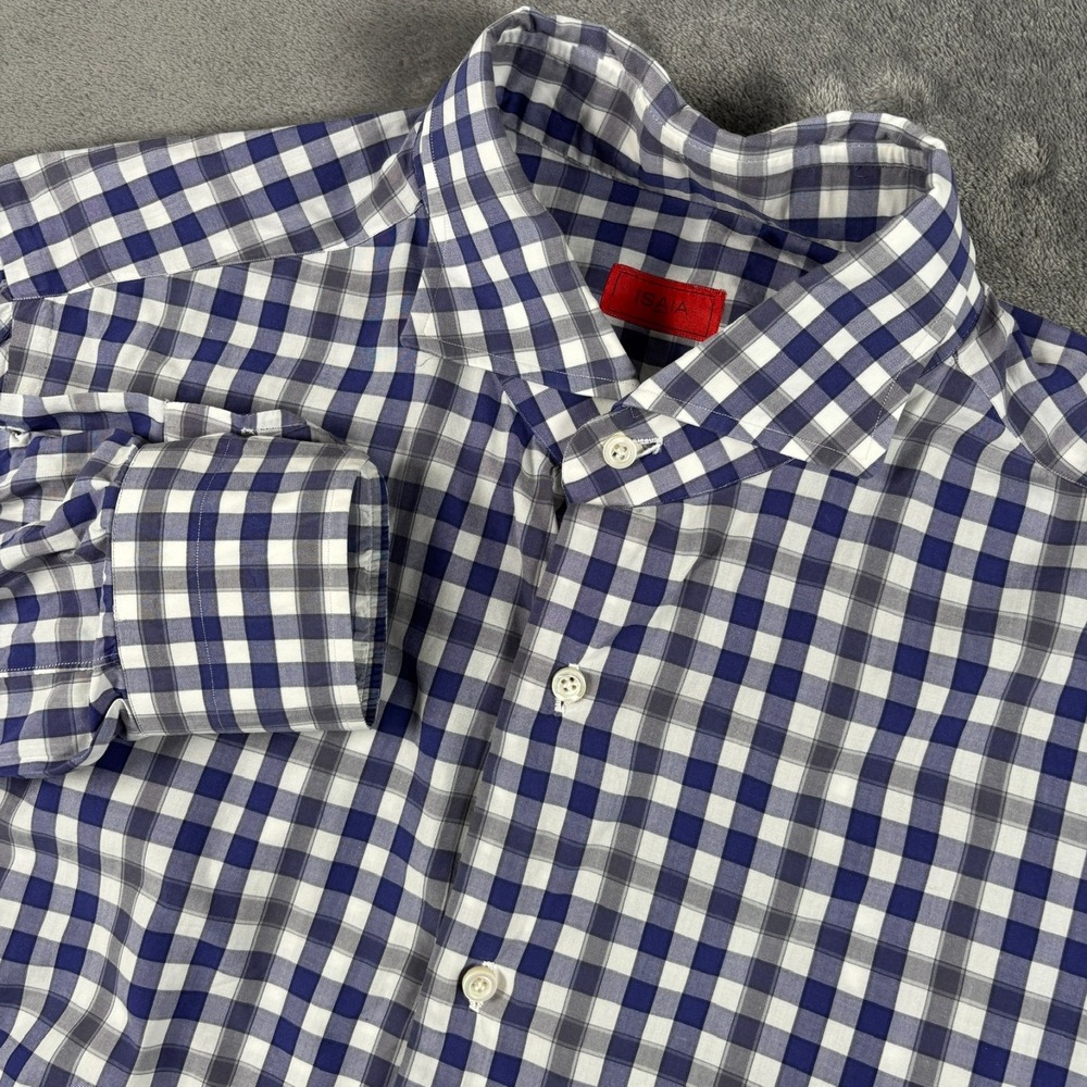 ISAIA Napoli Shirt Mens Large 16.5 Blue Check Cotton Made in Italy Long Sleeve